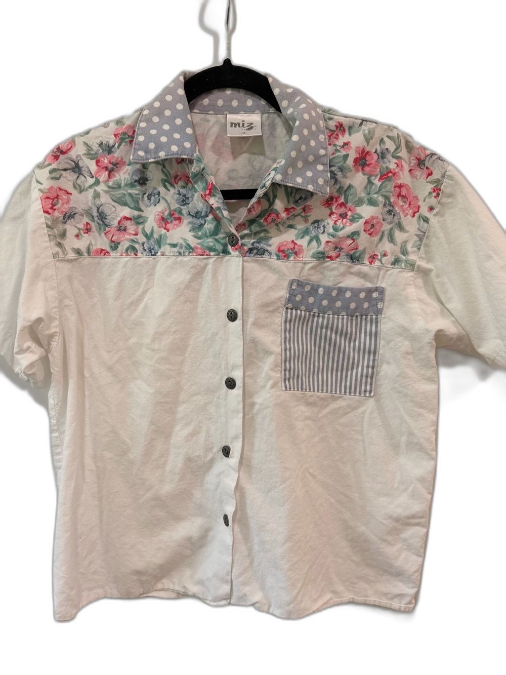 Vintage 80s/90s Miz Mixed Print Patchwork Floral Polka Dot Button Down Top M